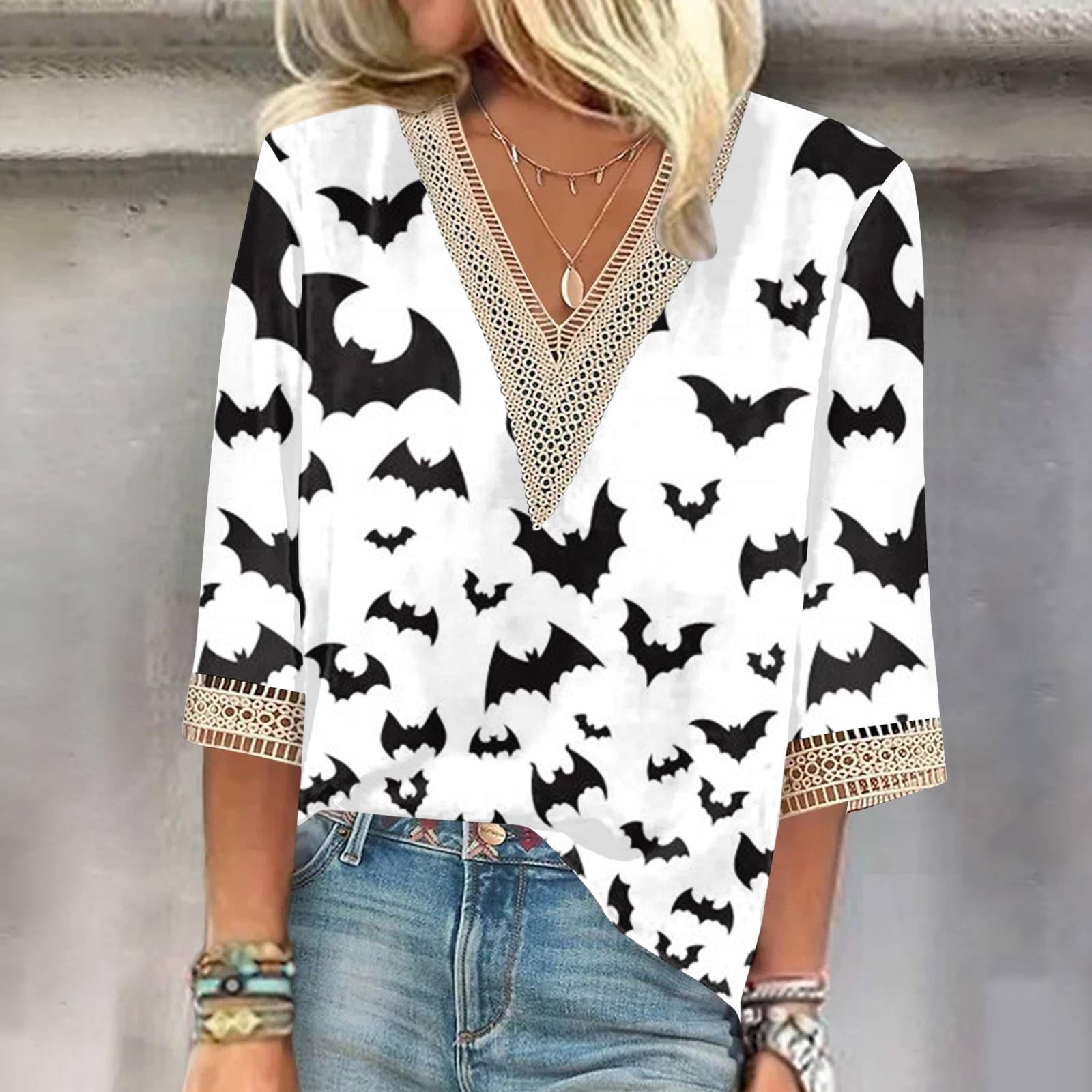 

Женская рубашка, блузка, повседневные свободные рубашки, рукава 3/4, кружевная отделка, Хэллоуин, топы с v-образным вырезом и принтом, топы с принтом, футболки, футболки XXL чёрный