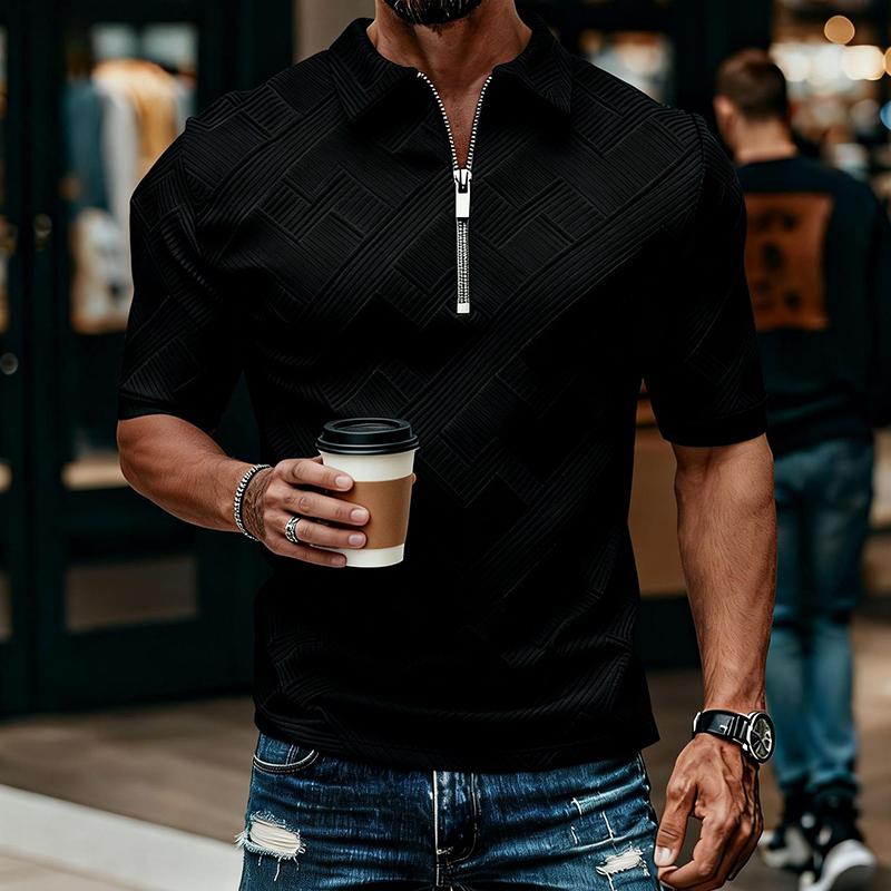 

Stylish Mens Textured Jacquard Polo Shirts 2026 Spring Summer Casual Short Sleeve Polo Shirt Men Vintage Zip-upp Lapel Pullovers XXXL