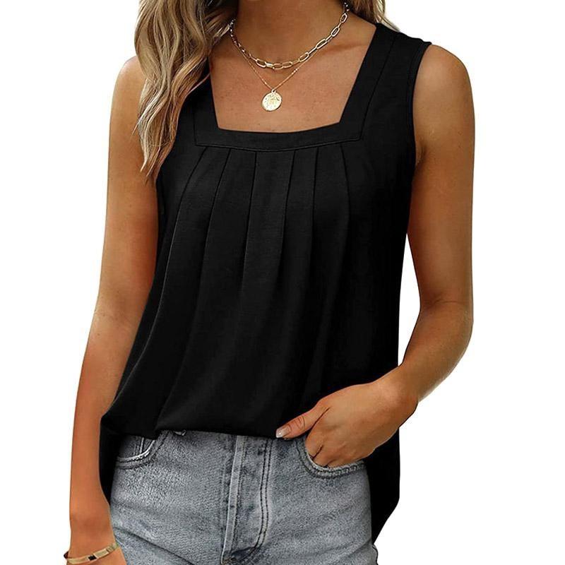 

Женский жилет-футболка без рукавов с квадратным вырезом, однотонный, плиссированный, с удлиненной спинкой, на бретелях, модный топ S чёрный