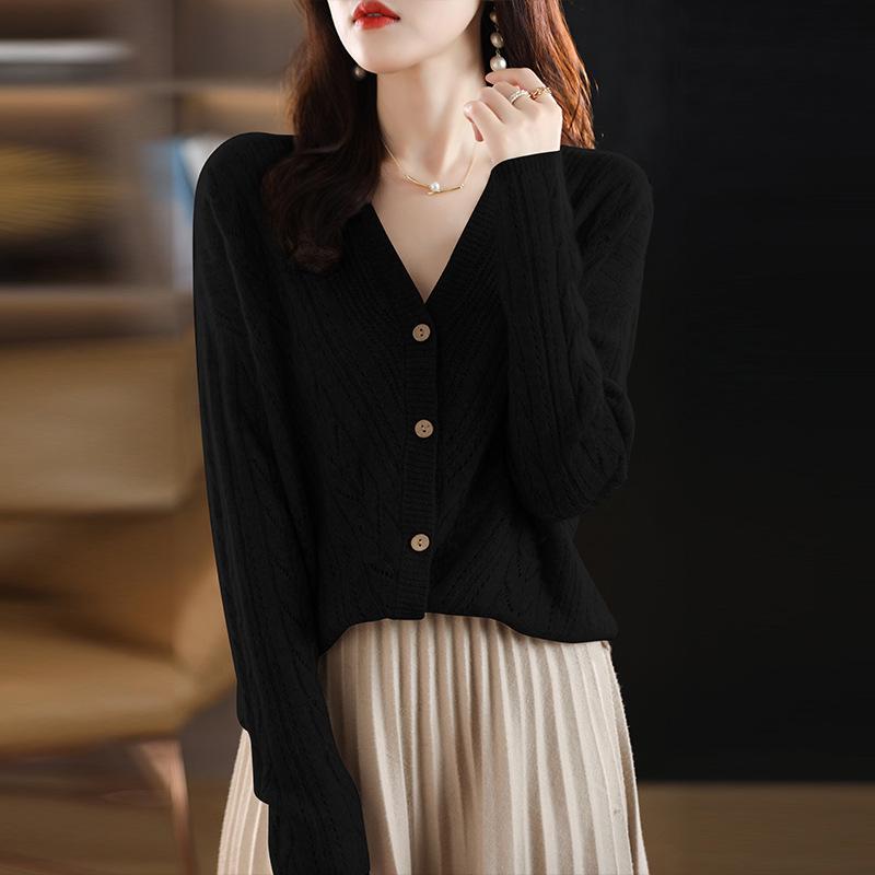 Spring 2023 Women's V-neck Cashmere Cardigan - Lightweight, Pure Wool Knit, Short, Solid Color Sweater.