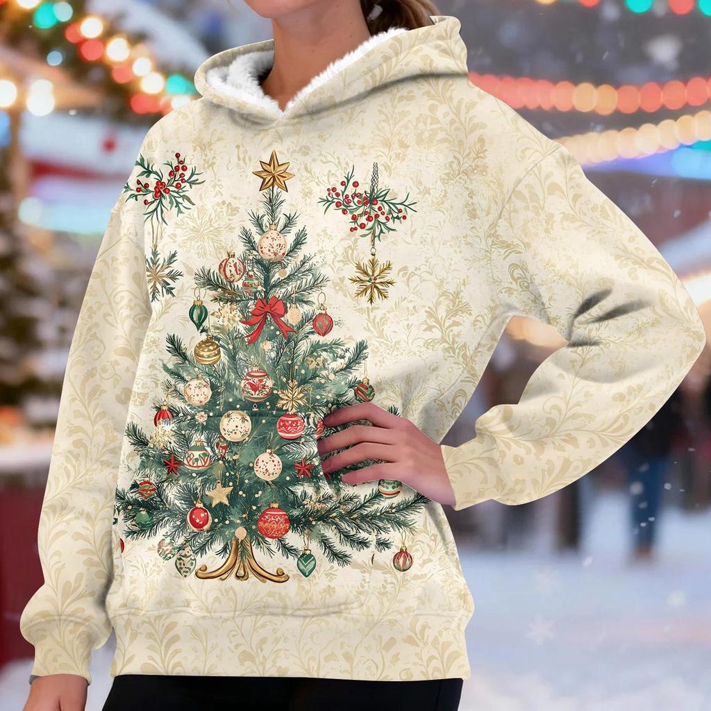 Women's Fashion Casual Long Sleeve Christmas Printed Hooded Sweatshirt