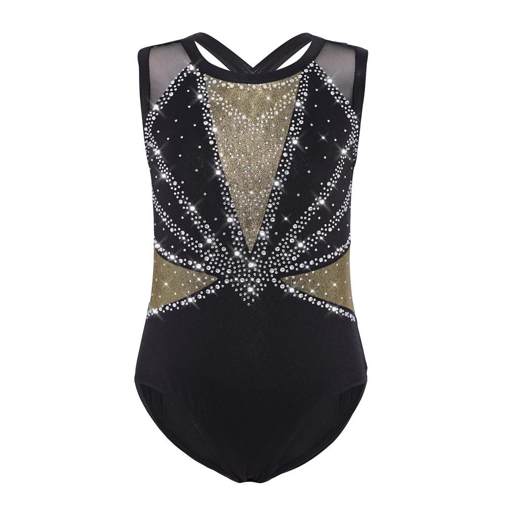 Mädchen Tanz Gymnastik Turnanzug Ärmellos Überkreuzter Rücken Glänzende Strasssteine Farbblock Performance-Kleidung