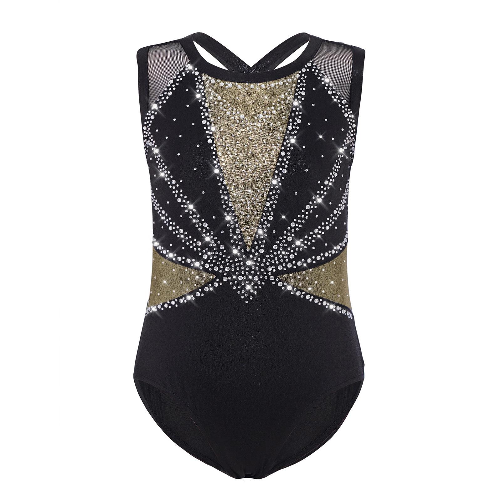 

Дівчачий Кольоровий Блок Металізований Леотар Круглий Виріз Без Рукавів Перехрещена Спина Блискучі Стрази Боді Гімнастика Танці 5-6 Years золотий/чорний