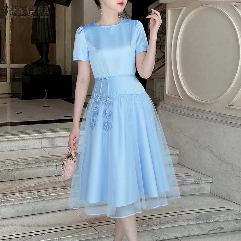 ZANZEA Women Mesh Patchwork Summer Casual Round Neck Short Sleeve Party Dress