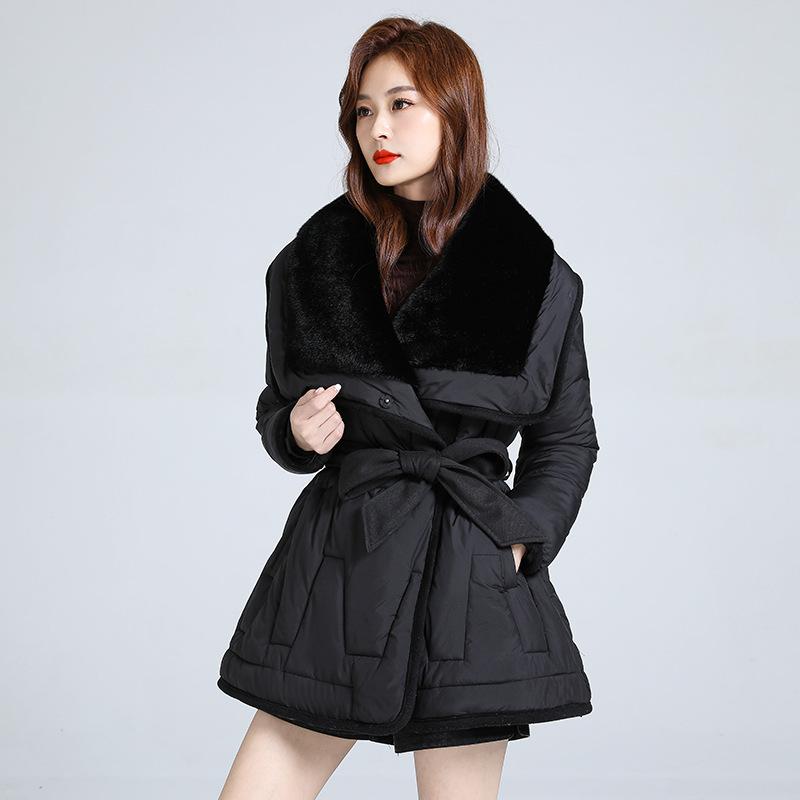 

Женская ветрозащитная куртка с лацканами, пушистым теплым меховым воротником, свободного кроя, средней длины, в стиле кэжуал, спортивная, из высококачественной ткани, хлопковая куртка-пальто XL чёрный