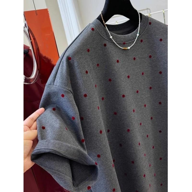 Women's Spring and Summer Design Slimming Top Front Shoulder Polished Niche Polka Dot Short-sleeved T-shirt