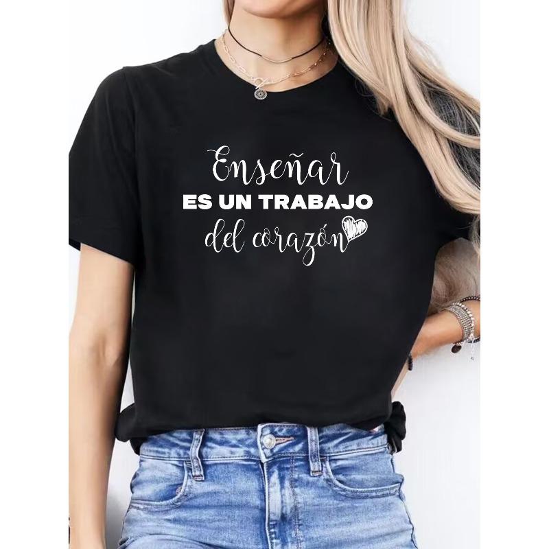 Women'S Round Neck Short Sleeve Sports T-Shirt with Spanish Letter Print for Spring And Summer Casual Wear.