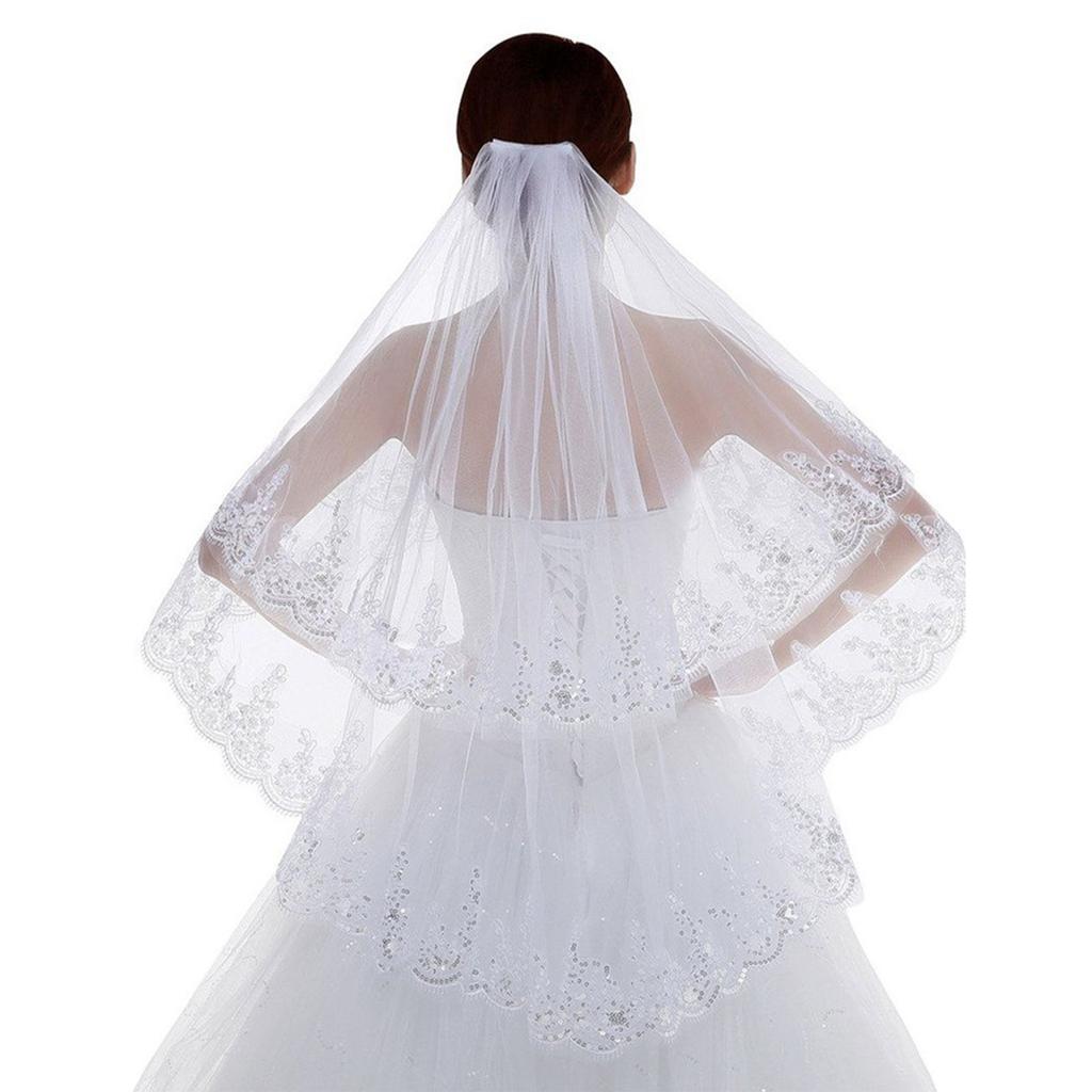 Women 2 Tier Lace Tulle Wedding Veil Exquisite Elegant Shiny Glitter Sequins Bridal Veil with Comb