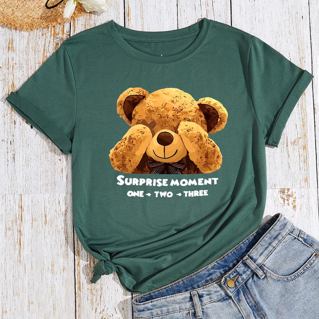 BEAR Pattern Cotton T-Shirt Short Sleeve Round Neck Women 2d Print Tops