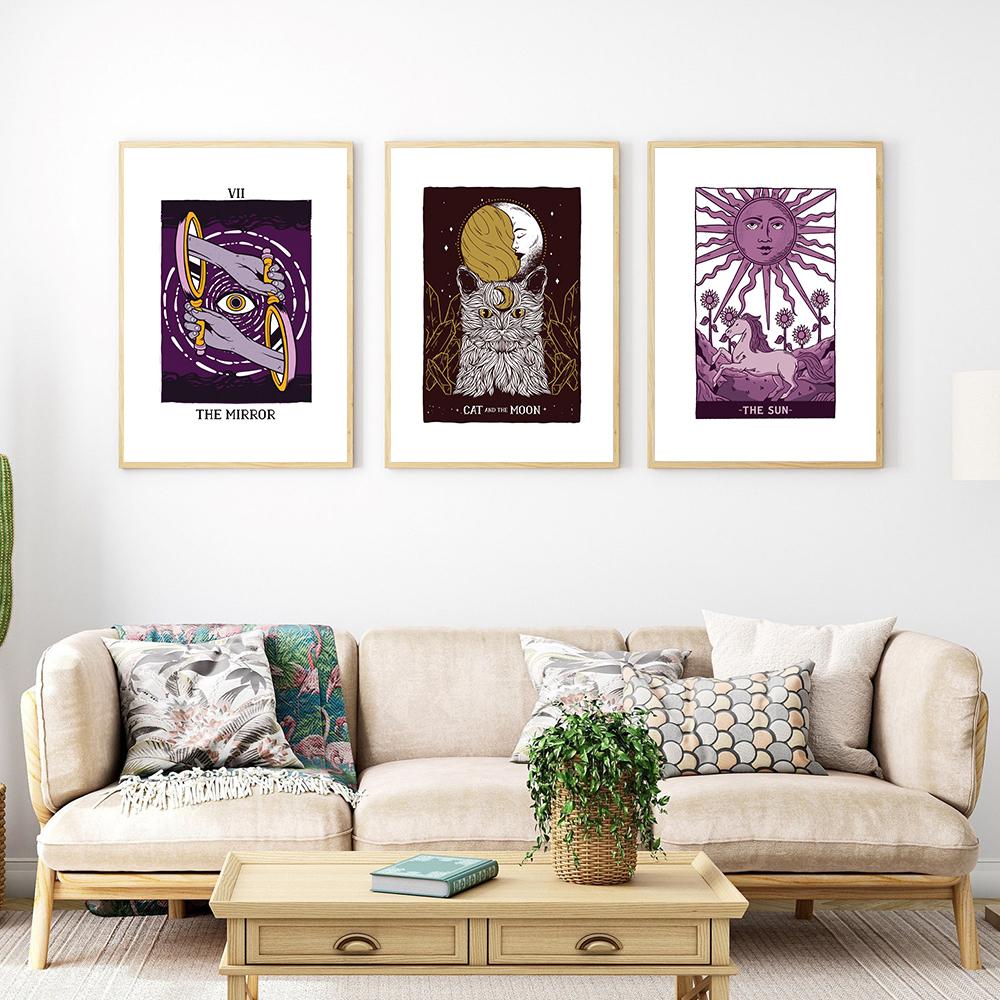 The Alien Sun Tarot Card Poster and Print Vinatge Moon Cat Canvas Painting Abstract Pictures Kids Room Home Decor