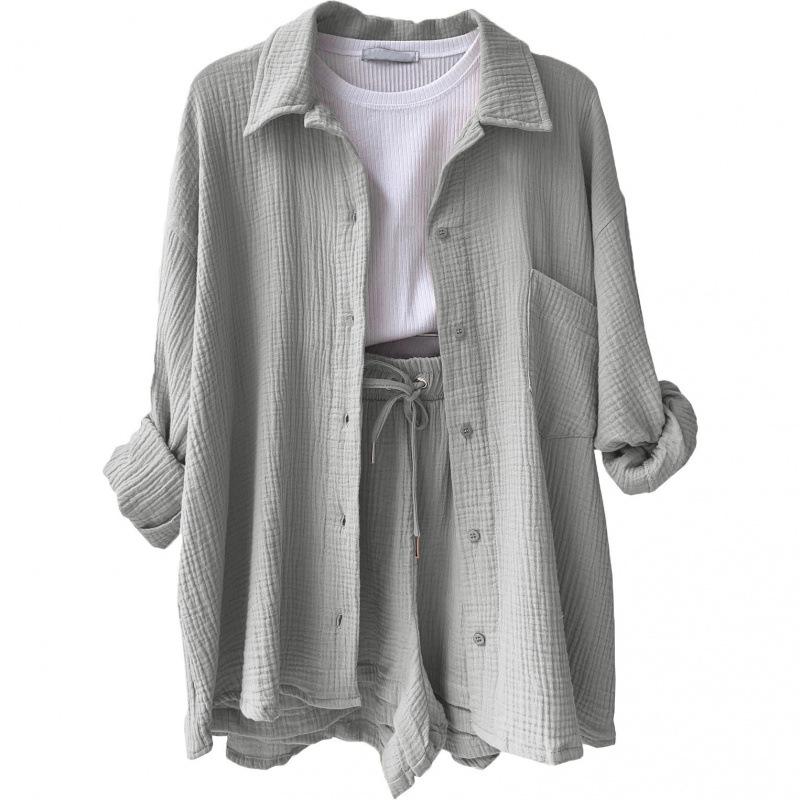 European and American Women's Crinkle Lapel Shirt & High Waist Shorts Two-Piece Set