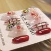 100% HANDMADE Short Almond Shape Cute Mushroom Candy Grid  Artificial Press On Nails Red Cat Eye Colored Diamonds Fake Nails Set With Glue