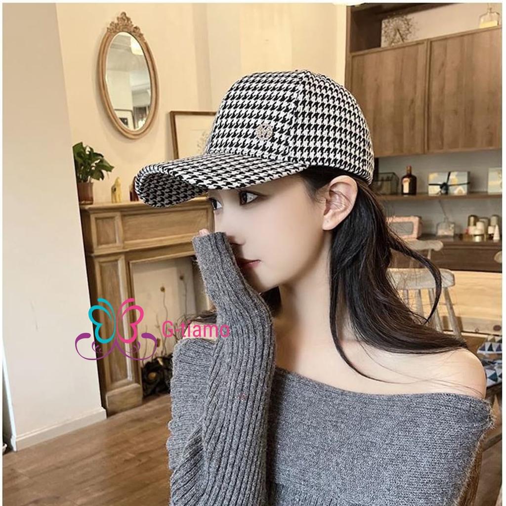 Checkered Cap for Adjustable Houndstooth Black and UV Sun Checkered Korean Style [G-tiamo] Women, One-Point Design, Strap, Pattern, Autumn/Winter,