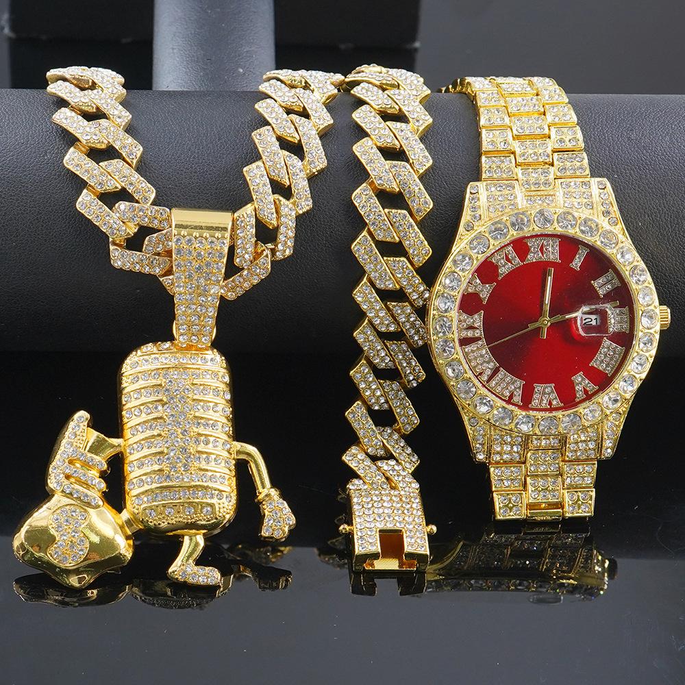 Hot Selling Cartoon Microphone, Money Bag Pendant, Diamond Cuban Chain Necklace, Bracelet, Men's Watch Set in Europe and America