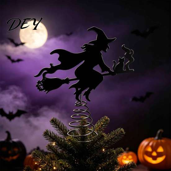 Dark Atmosphere Home Decor Halloween Witch Tree Topper, with LED Lights, Black Iron Decoration Art Silhouette Ornament, for Christmas And Holiday