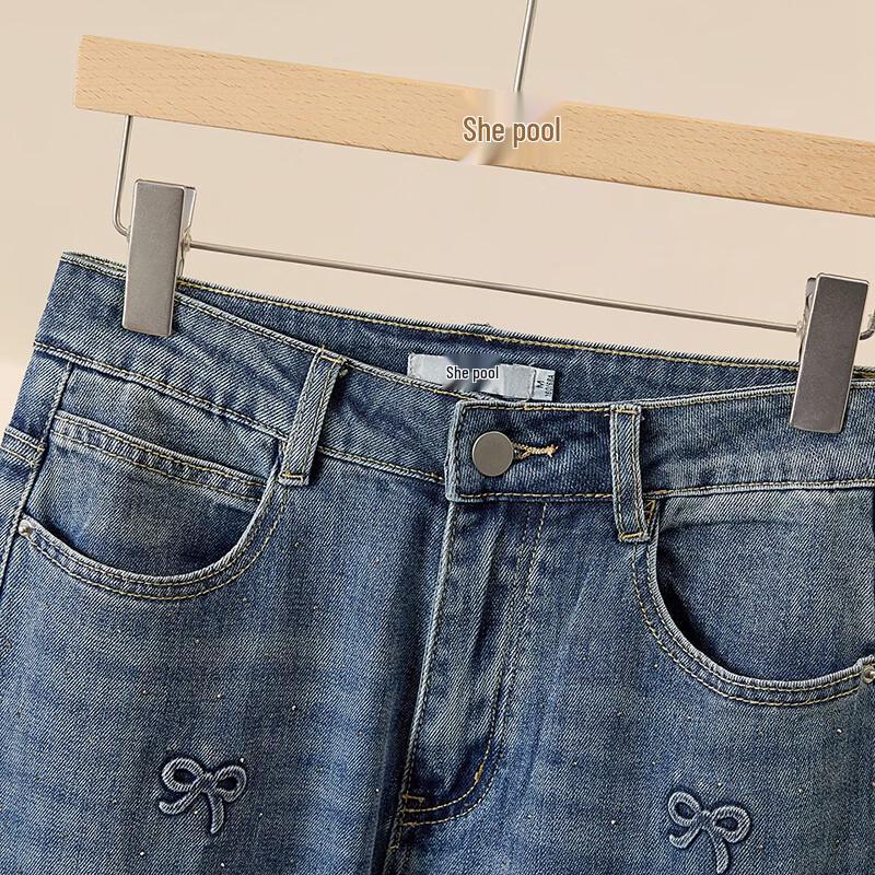 Tachi Women's Embossed Rhinestone Bowknot High-Waist Straight Leg Jeans