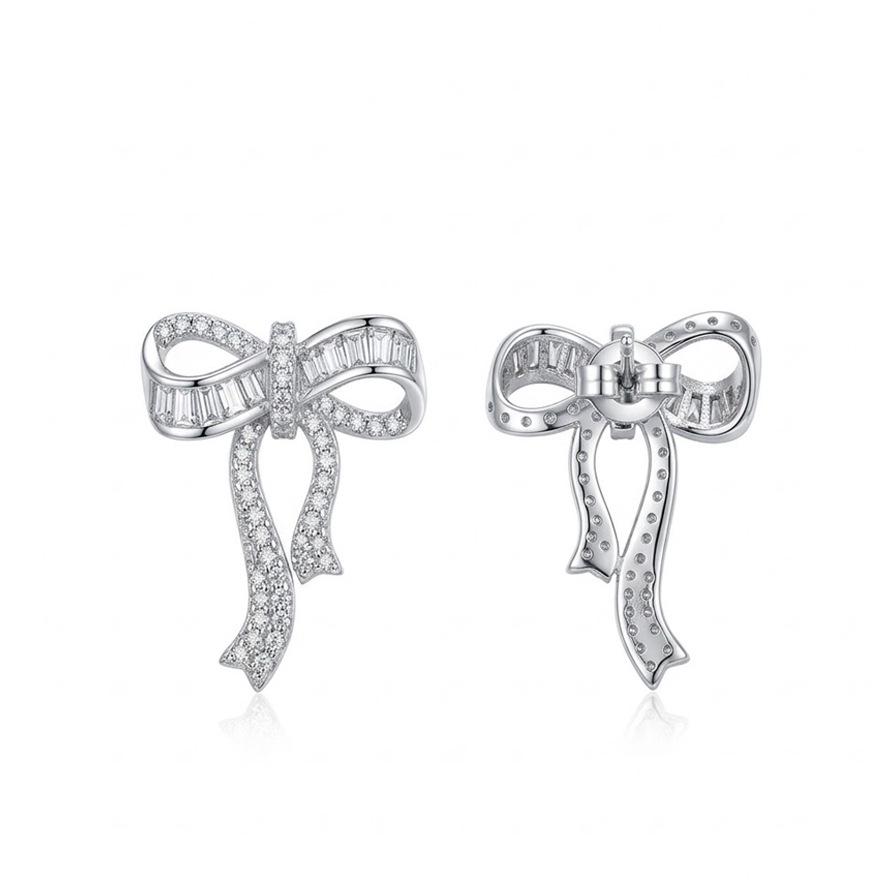 European American Retro Zircon Four-Leaf Clover Bow Heart Stud Earrings, 925 Silver