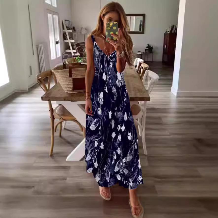 Damen Floral Maxikleid V-Ausschnitt Spaghettiträger Ärmellos Lockerer Schnitt Sommer Strandurlaub Langes Kleid