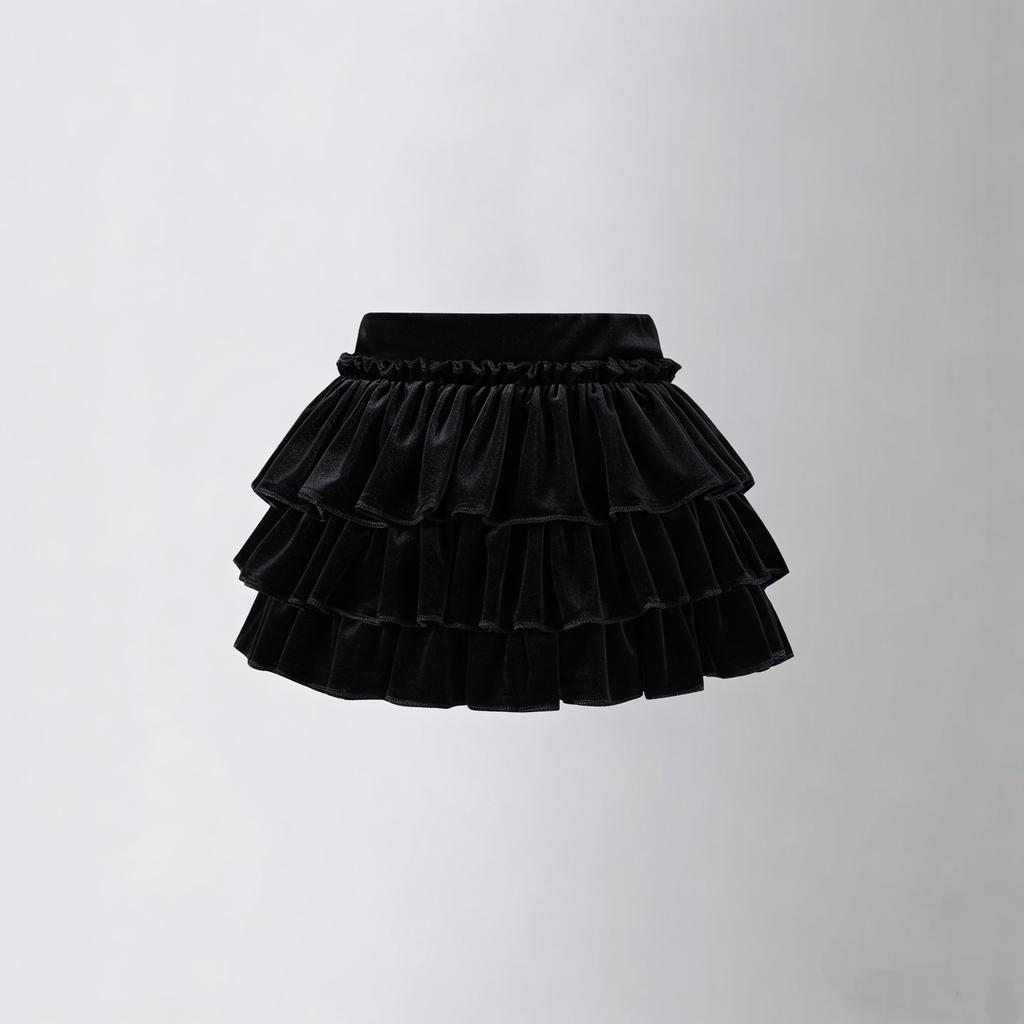 2026 Mädchen Schwarzer Samt Stufenrock Hohe Taille A-Linie Kurz Frühling Ausgestellt Partykleidung Schulkinder Vielseitige Lagenröcke