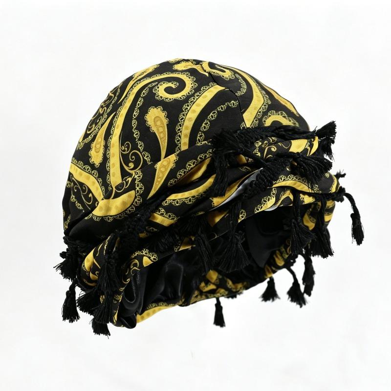 fringed headscarf hat, solid color cashew print twist tail hat, hip hop twist braided hat
