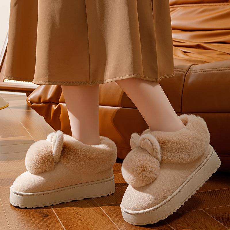 Women Warm Indoor House Slippers with Fluffy Ears & Pom Poms, Matching Couple Family Slides for Autumn Winter