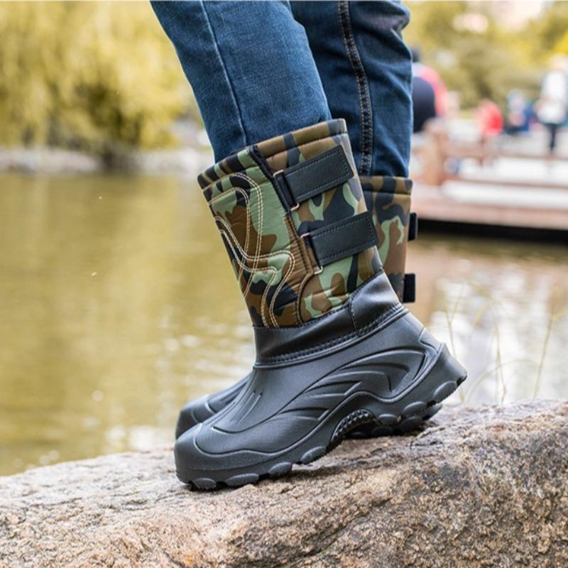 Winter Men's Rain Boots Outdoor Waterproof Casual Cotton Shoes Non Slip Fishing Boot Plush Warm Snow Boots Mid-calf Cotton Botas