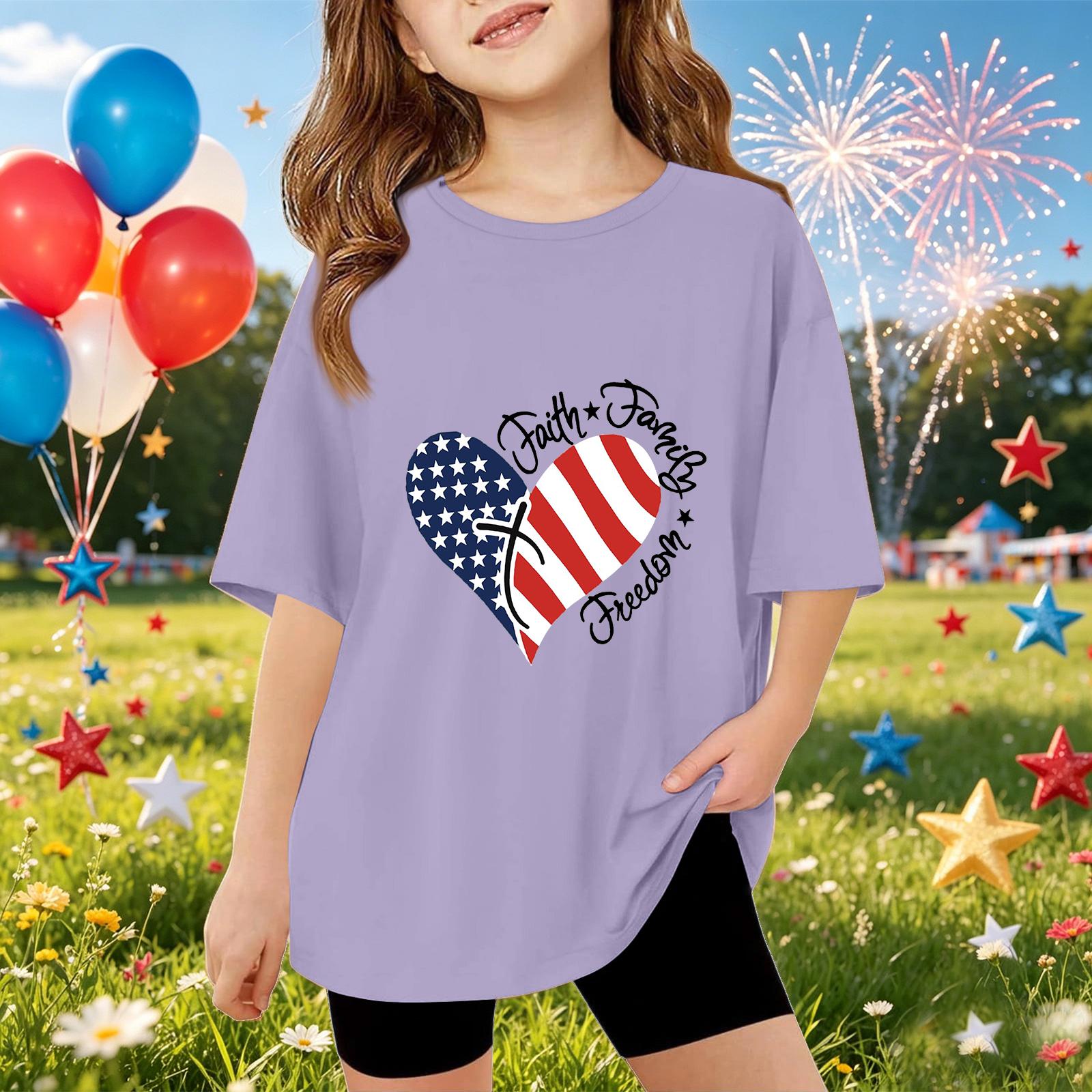 

Kids Short Sleeve T Shirt Independence Day Graphic Tee Faith Family Freedom Printed Top Casual Fit Comfortable Fabric 130