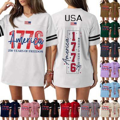 Damen Casual Mode V-Ausschnitt Sport Unabhängigkeitstag Druck Kurzarm Sport T-Shirt Top