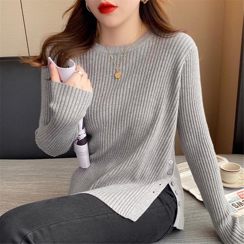 Móda Jednobarevné Pulovry Slim Fit Pletený svetr Ženy Dlouhý rukáv S výstřihem do O Ležérní Zimní Dámské Svetry Elegantní Knoflíky Dámské Svetry Pletené 25614