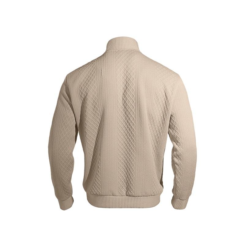 Men's Quarter Zip Pullover Sweater Diamond Jacquard Knit Stand Collar Long Sleeve Casual Sweatshirt For Business & Daily Wear