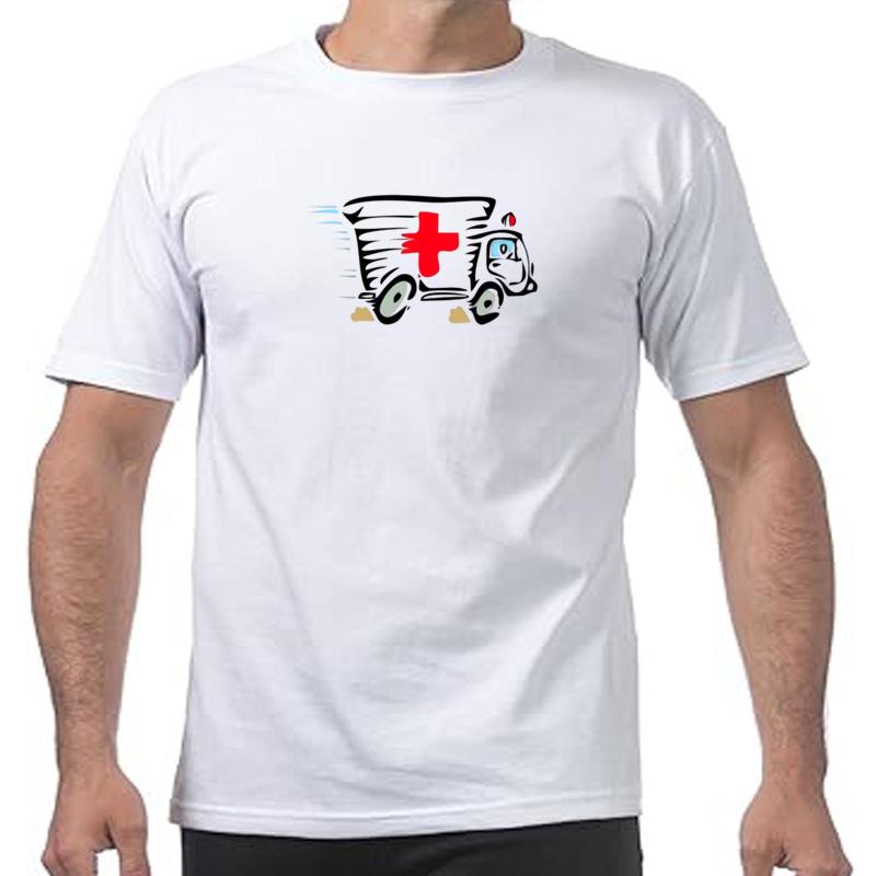 Popular Ambulance Van Cartoon Art Design Men Tops Tees T-shirt 100% Cotton Funny Simple Style Clothing
