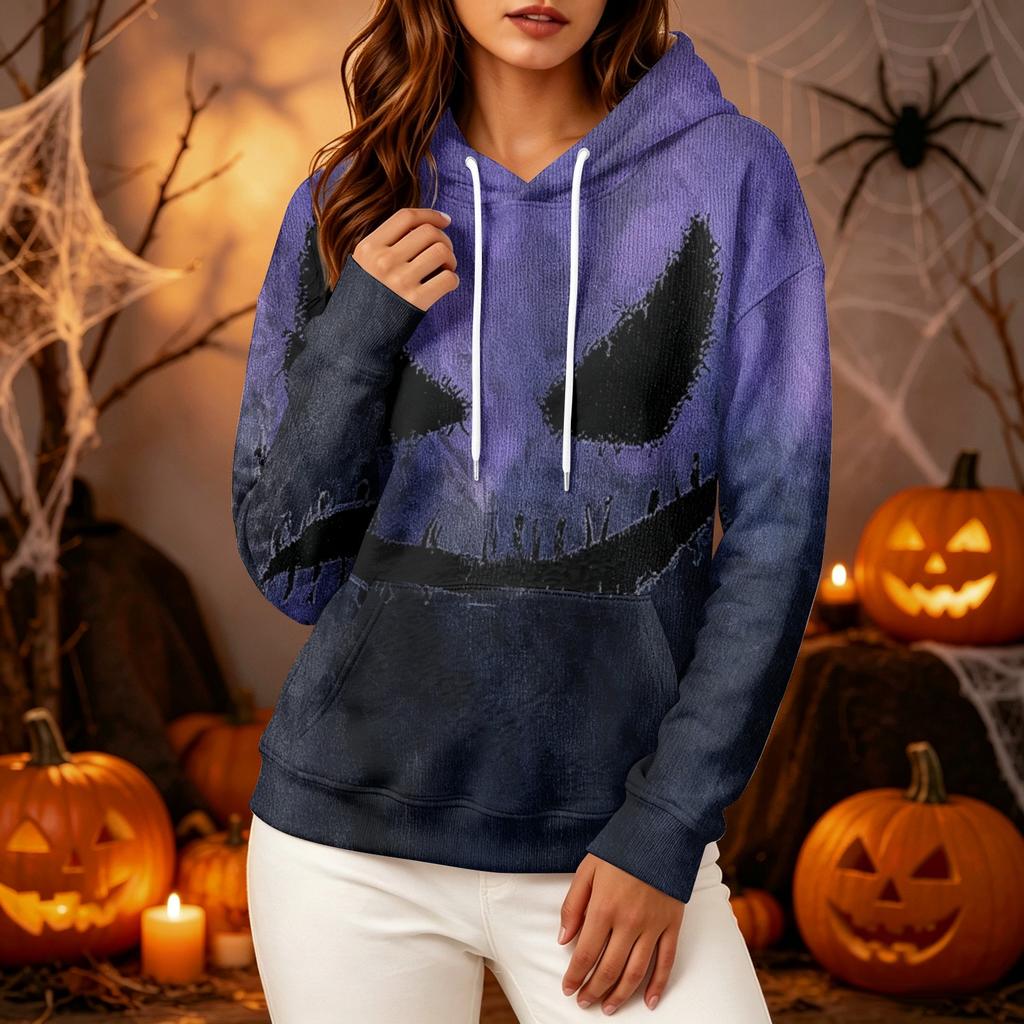 Women's Long Sleeve Pullover Hoodie with Halloween Print for Casual Outings