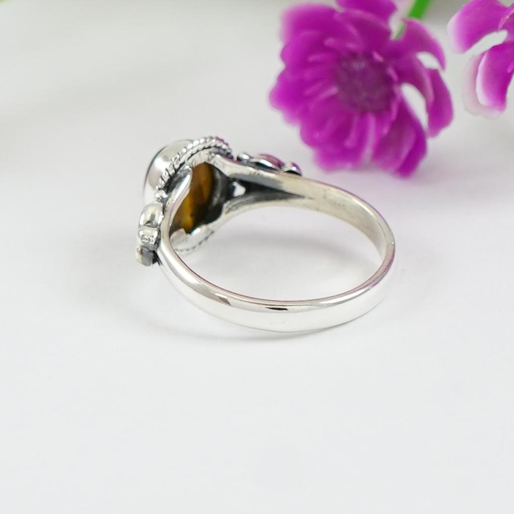 Oval Tiger Eye Ring, 925 Sterling Silver Anniversary Ring, Honey Bee Ring, Brown Gemstone Ring