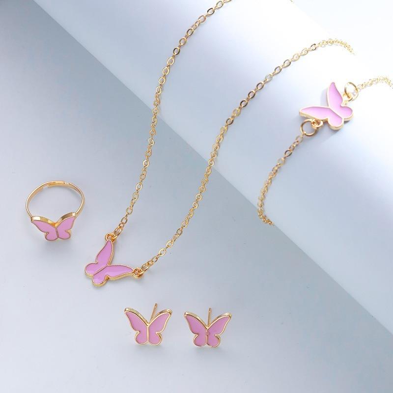 Fashion European American Style Butterfly Enamel Jewelry Four Piece Set For Women