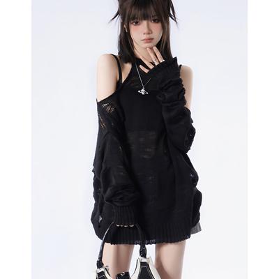 Gothic Hollow Out Truien Dames Sexy Off Shoulder Y2k Gebreide Pullover Street Lange Mouw Truien Esthetiek