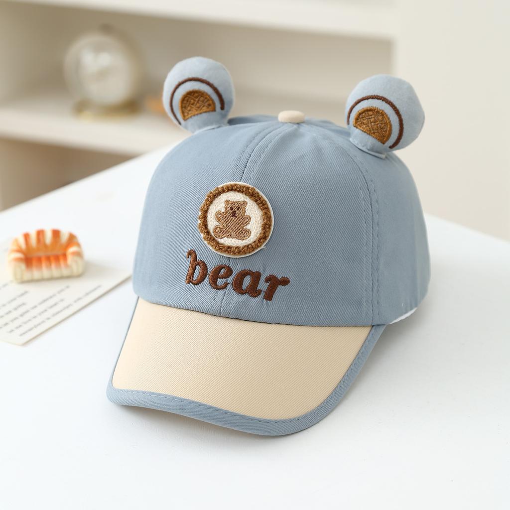 A Cute Children's Baseball Cap with Embroidered 'Bear' Pattern Featuring Bear Ears, Sweat-Proof and Sun-Protective Cap