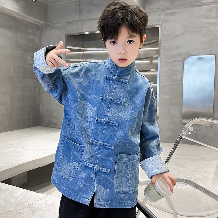 

Boys Chinese Hanfu Denim Jacket - Spring/Autumn 2026 Trendy Ancient Style Performance Top for Medium and Large Children 120cm