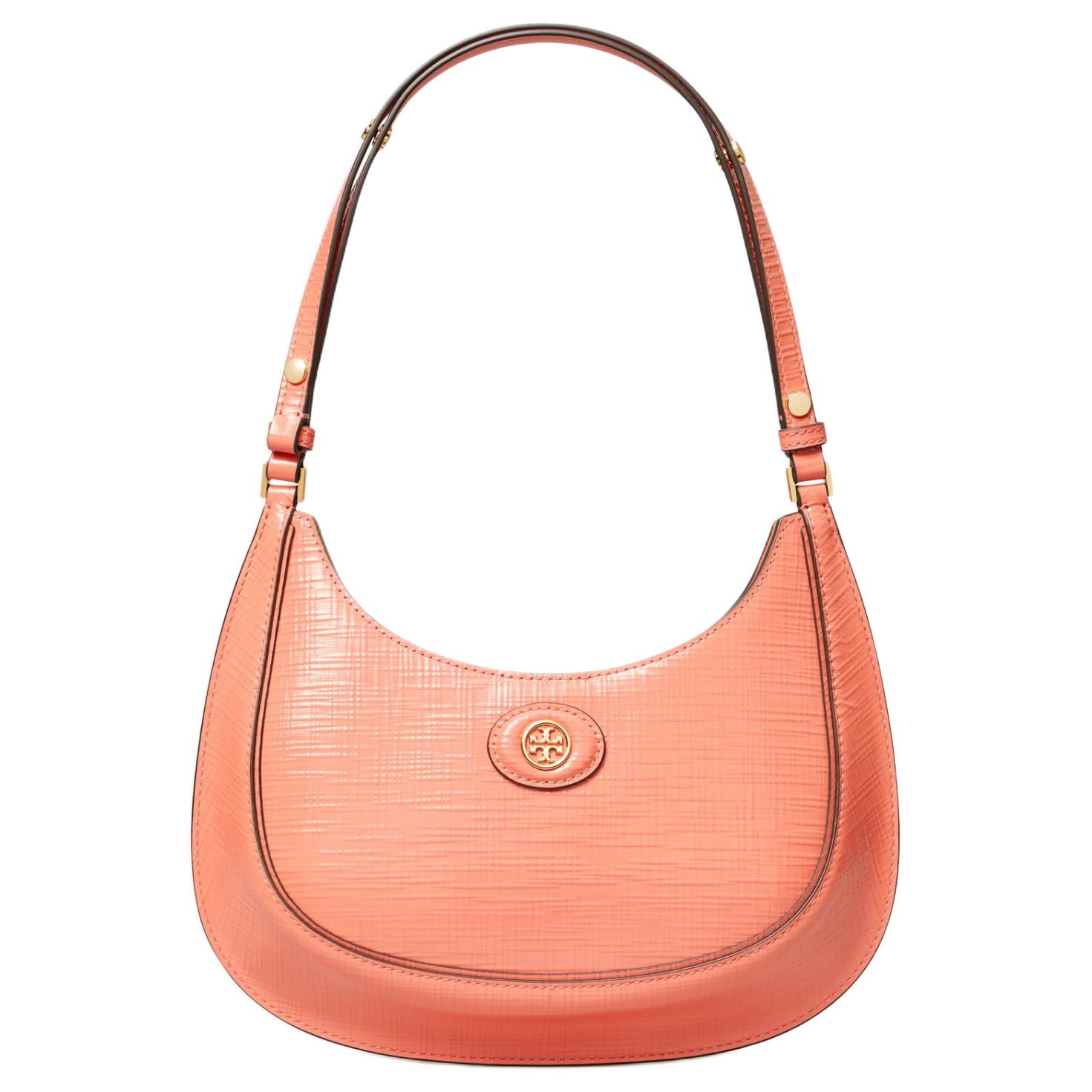 

Tory Burch Robinson Magnetic Closure Adjustable Shoulder Strap Leather Crescent Bag Women handbags Coral-Pink 158509-650 Basic Set (Bag+Dust Bag)