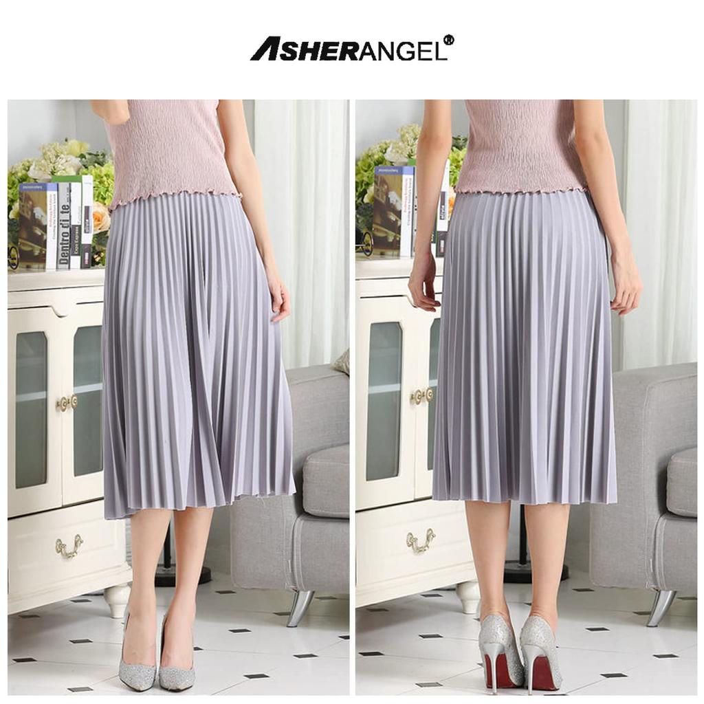 ASHERANGEL Pleated Perfect for Basic Chiffon Elastic Solid Summer [ASHE RANGEL] Women's Knee-Length Skirt, Commuting, Skirt, Simple, Fluffy, Waist,