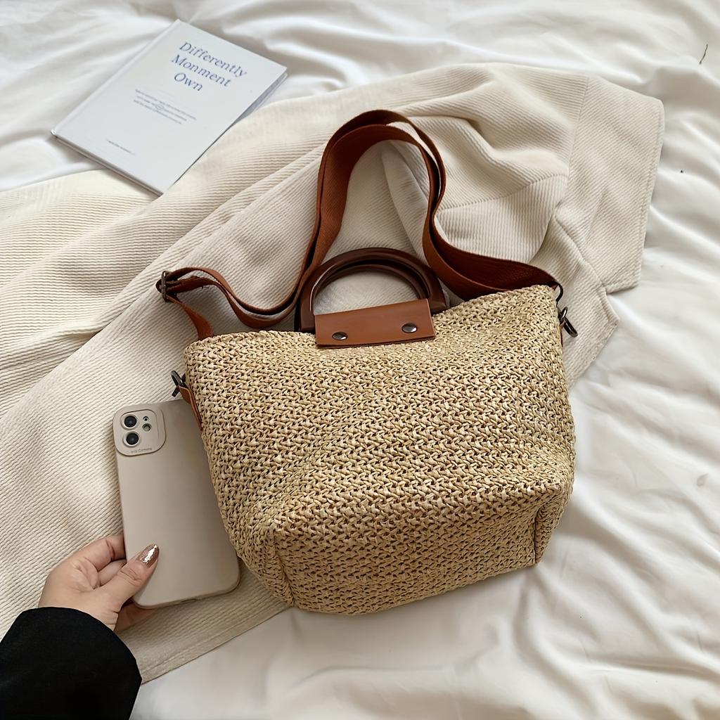 Elegant Women'S Boho Chic Woven Shoulder Bag Rattan-Style Handbag with Fixed Strap, Zip Closure & Polyester Lining for Beach, Travel & Casual Use