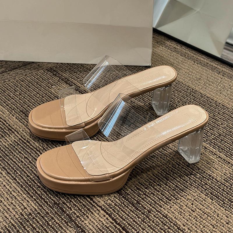 Transparent sandals women's high heel summer new thick heel waterproof table versatile one-character crystal heel cool slippers