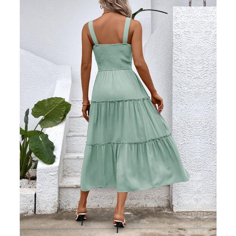 VEZFAA Kvinnemote Sommer Vår Ensfarget Print Ermeløse seler Høy midje Uformelle kjoler