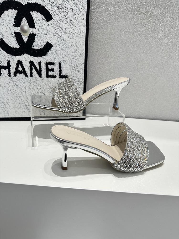 Fashion 2024 Women's Sandals Summer Crystal Belt High Heels Black Women's Slippers Sexy Luxury Square Toe Party Sandals