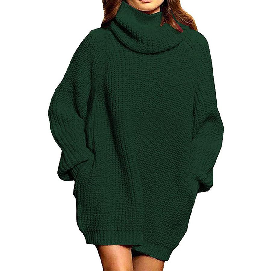 Women's Long Sleeve High Neck Knit Sweater Dress - Autumn Winter Fashion