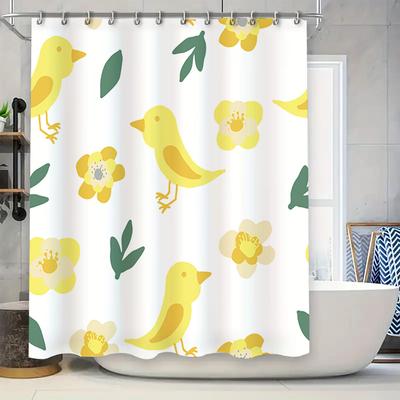 Animal Print Shower Curtain Yellow Flowers Birds Pattern Waterproof Fabric Bathroom Decor White Background (128 Characters)