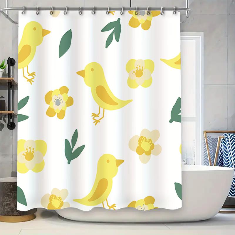 Animal Print Shower Curtain Yellow Flowers Birds Pattern Waterproof Fabric Bathroom Decor White Background (128 characters)