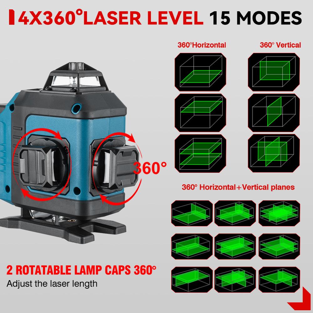 ONEVAN 16řádkový 4D laserový vodováha Samonivelační 360 horizontální a vertikální křížový Super výkonný zelený laserový vodováha se 2 bateriemi