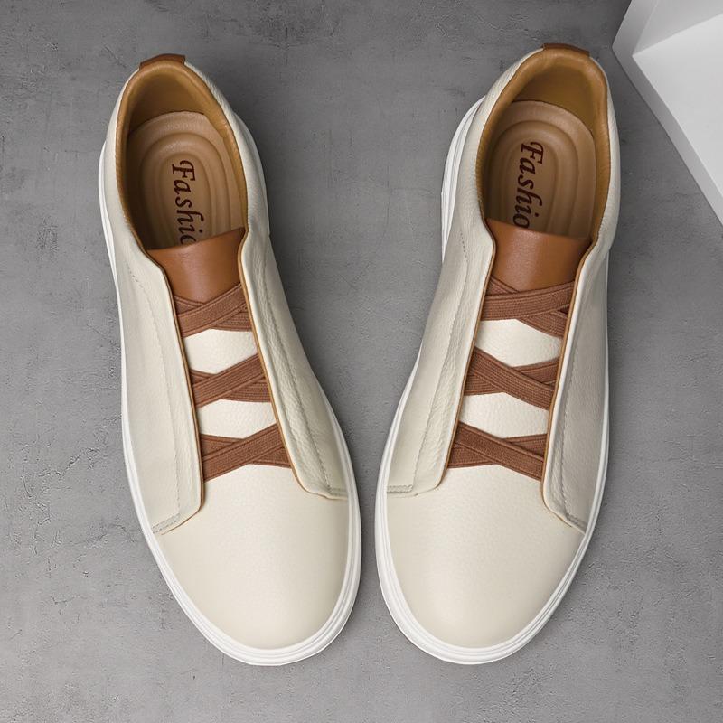 Casual foot cover first layer cowhide board shoes men's free shoelaces business leisure one pedal