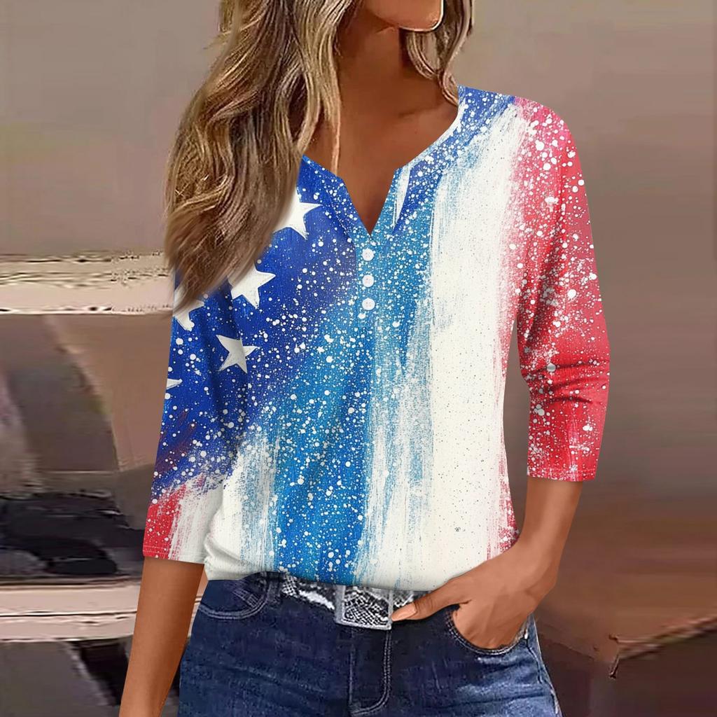 Dam T-shirt Tee Självständighetsdagen Tryckt Knapp 3/4 Ärm Tunika Vardag Helg Mode Grundläggande V-ringning Normal Topp