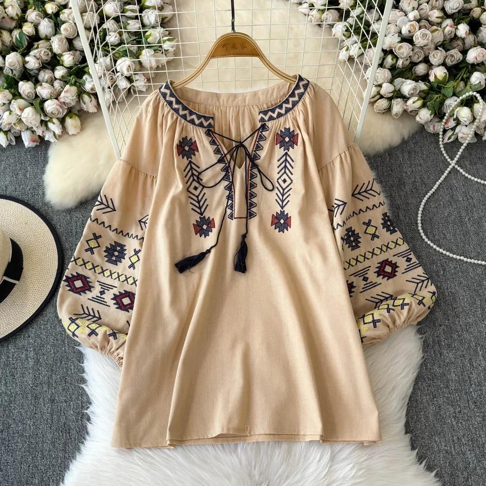 Jesień Zima Nowe Vintage Etniczne Bluzki Haft Luźny Dekolt V Nadruk Ropa Mujer Frędzle Sznurowanie Casualowa Koszula w Stylu Francuskim